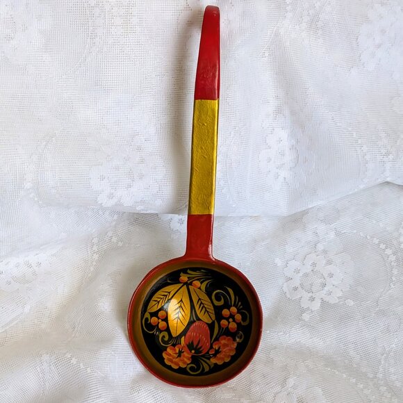 Vintage Russian Khokhloma Hand Painted Floral Large Wooden Ladle Spoon - Picture 1 of 10